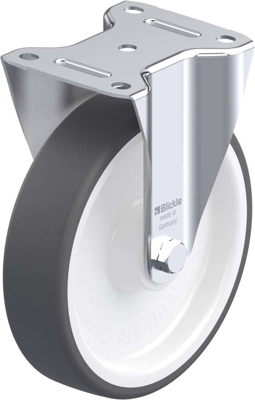 Metall- und Kunststofflenkrolle mit schwarzem Rad. Geeignet für industrielle Anwendungen aufgrund ihrer Robustheit und Flexibilität.