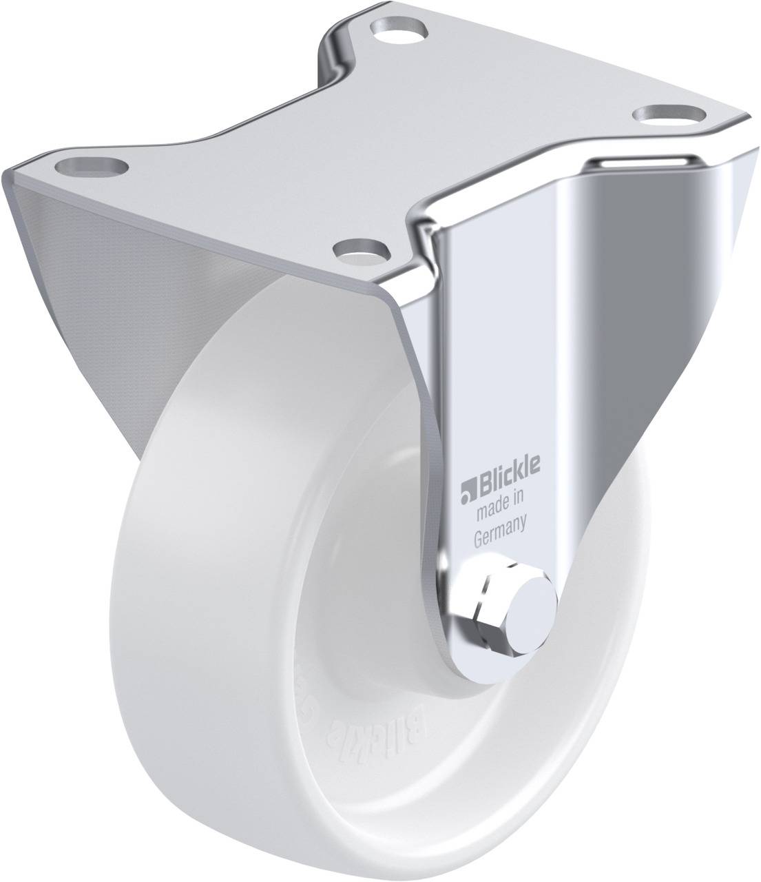 Lenkrolle aus Metall und Kunststoff mit weißem Rad, geeignet für leichte bis mittlere Lasten.