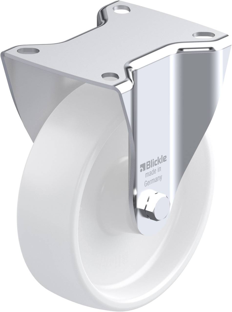 Eine weiße Lenkrolle mit silbernem Halter aus Metall, geeignet für Möbel oder Transportgeräte, mit der Aufschrift 'Blickle made in Germany'.