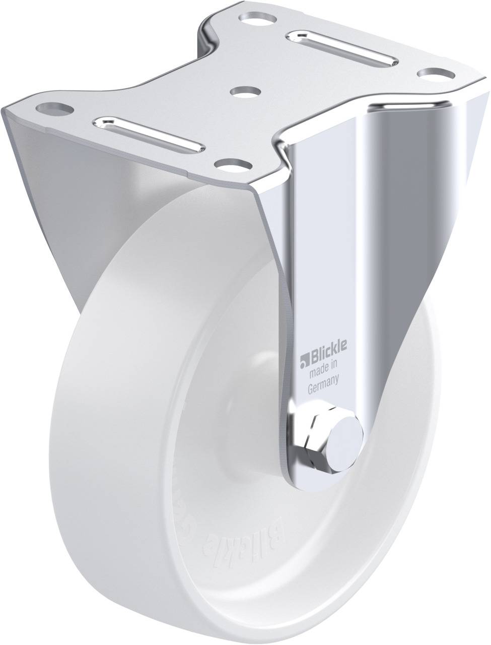 Metallrad mit weißem Kunststoffrad und halterung. Aufschrift 'Blickle made in Germany'. Für Möbel oder Industrieanwendungen geeignet.