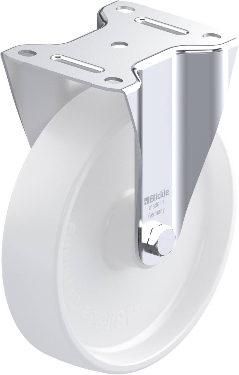 Industrie-Rolle mit robustem Gehäuse und weißem Rad, geeignet für schwere Lasten.