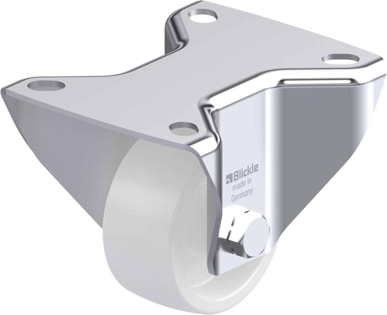 Ein Schwenkrollenlager aus Metall mit einem weißen Rad. Aufschrift: Blickle, Made in Germany. Zwei Befestigungslöcher sichtbar.