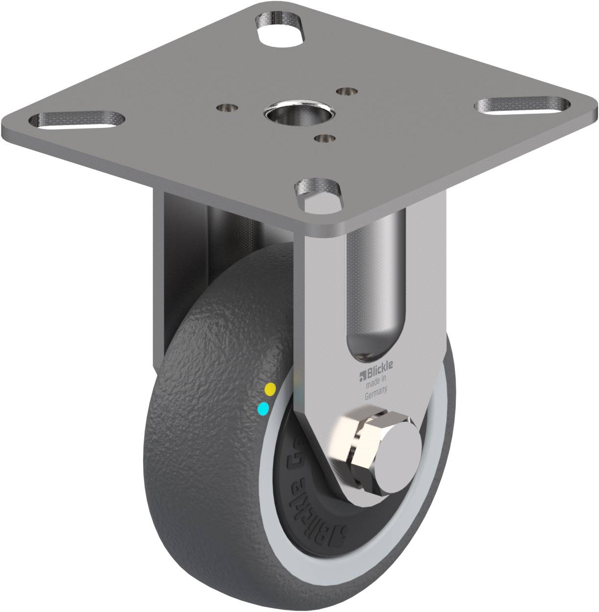 Lenkrolle mit grauem Rad, rechteckiger Befestigungsplatte und Metallelementen. Geeignet für schwere Lasten.