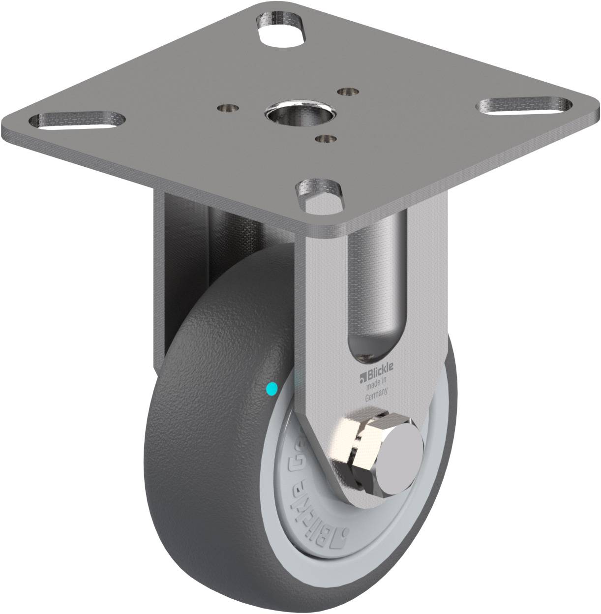 Drehbares Transportrollenrad aus Metall mit grauem Rad und Befestigungsplatte. Ideal für Möbel oder Geräte.