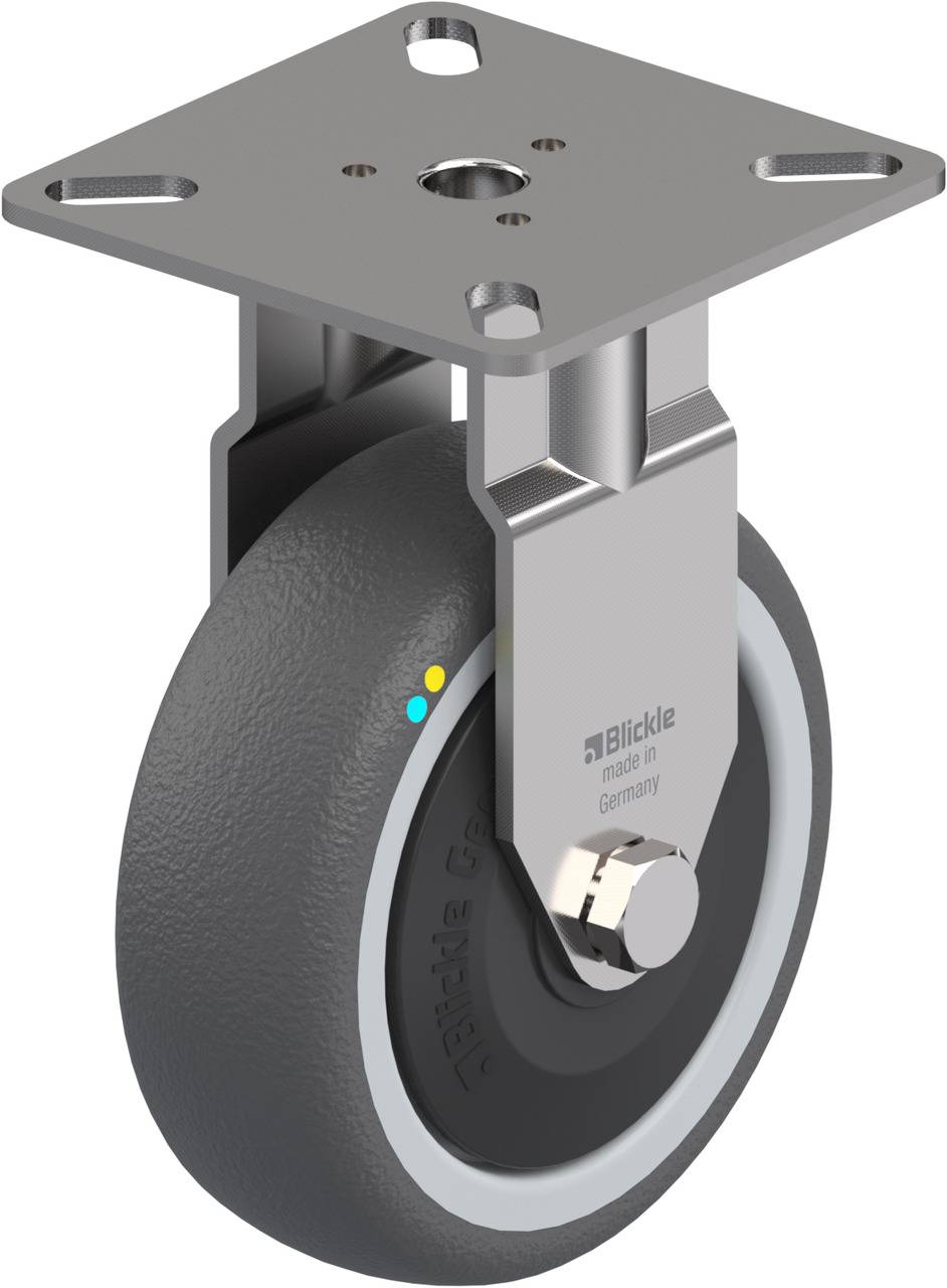 Ein graues Lenkrad mit grauer Halterung aus Metall, das für industrielle Zwecke verwendet wird. Auf der Halterung steht 'Blickle made in Germany'.
