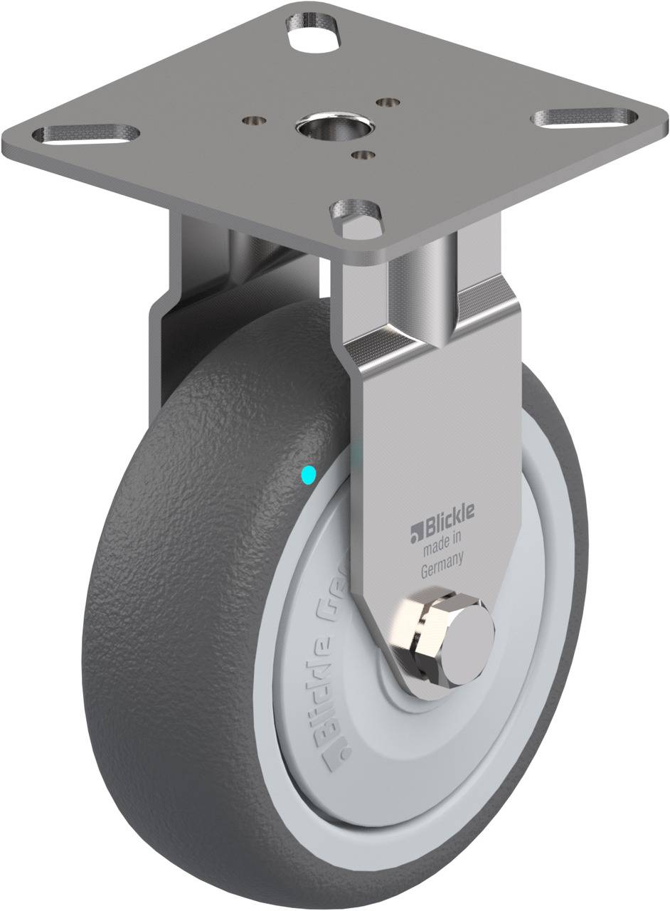 Graues Laufrollenrad mit metallischer Befestigungsplatte, geeignet für industrielle Anwendungen.