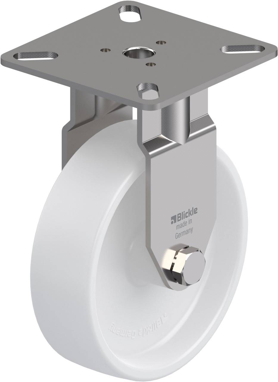 Industrie-Rolle mit weißem Rad und Metallplatte für Montage, geeignet für schwere Lasten. Schlichte Konstruktion, robustes Design.