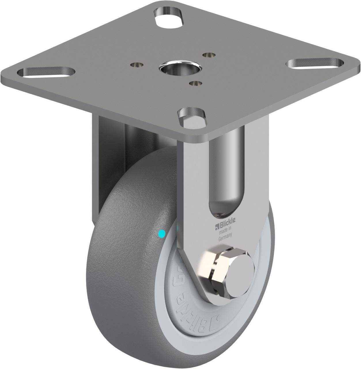 Grauer Drehstuhlrolle mit rechteckiger Metallplatte und Befestigungslöchern. Die Metallplatte ist oben, das Rad unten sichtbar.