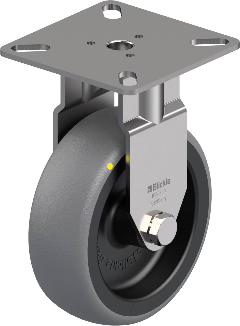 Lenkrolle mit grauem Rad und Metallhalterung, geeignet für schwere Lasten. Die Halterung ist quadratisch mit vier Löchern zur Befestigung.