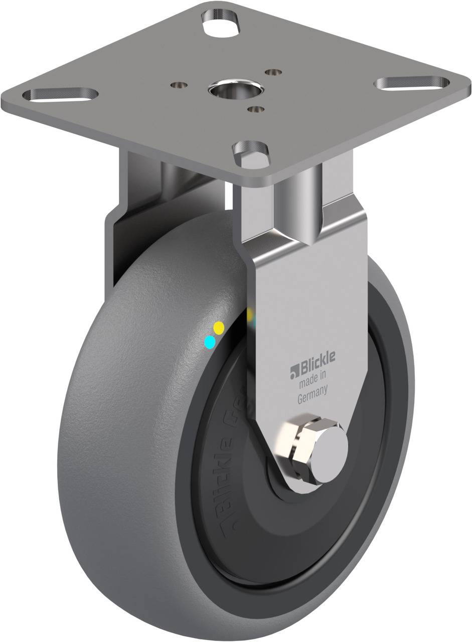 Schwenkrolle mit grauem Rad und Metallplatte, geeignet für industrielle Anwendungen. Markenname auf der Seite sichtbar.
