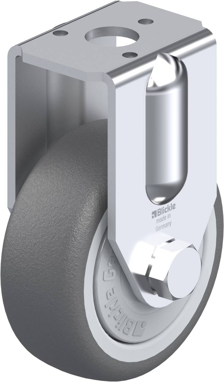 Schwenkrolle aus Metall mit grauem Gummirad, geeignet für den Einsatz an Möbeln oder Industriegeräten.