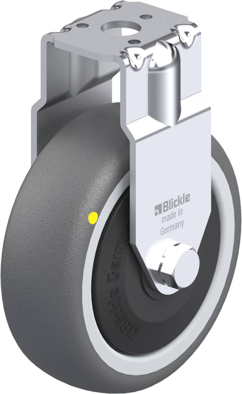 Das Bild zeigt eine graue Lenkrolle mit Metallscharnier. Auf dem Metall steht 'Blickle made in Germany'.