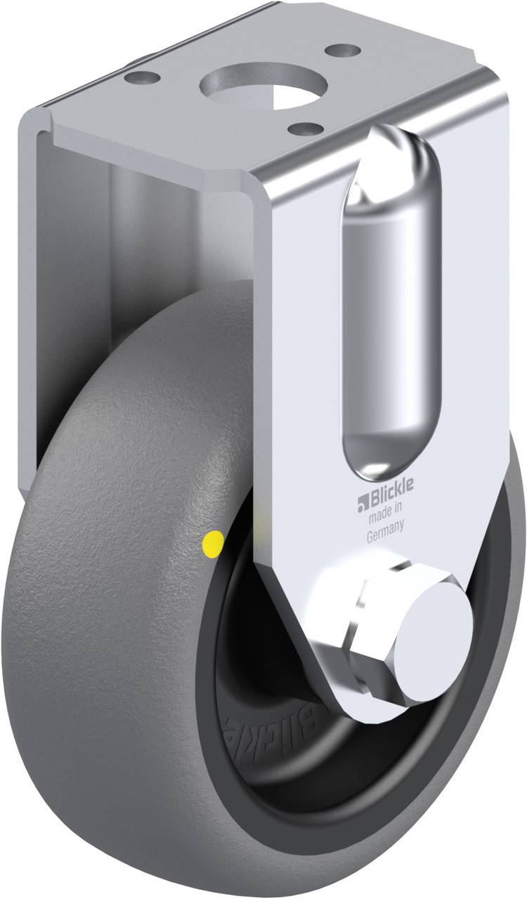 Rollenrad mit robustem Metallgehäuse und Befestigungslöchern, geeignet für industrielle Anwendungen. Beschriftung 'Blickle made in Germany'.