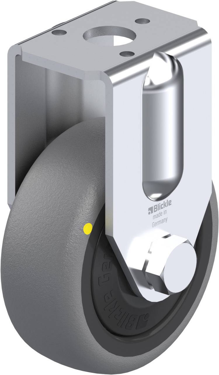 Graues Bockrad mit Metallhalterung für industrielle Anwendungen. Enthält eckige Platte oben zur Befestigung. Geeignet für schwere Lasten.