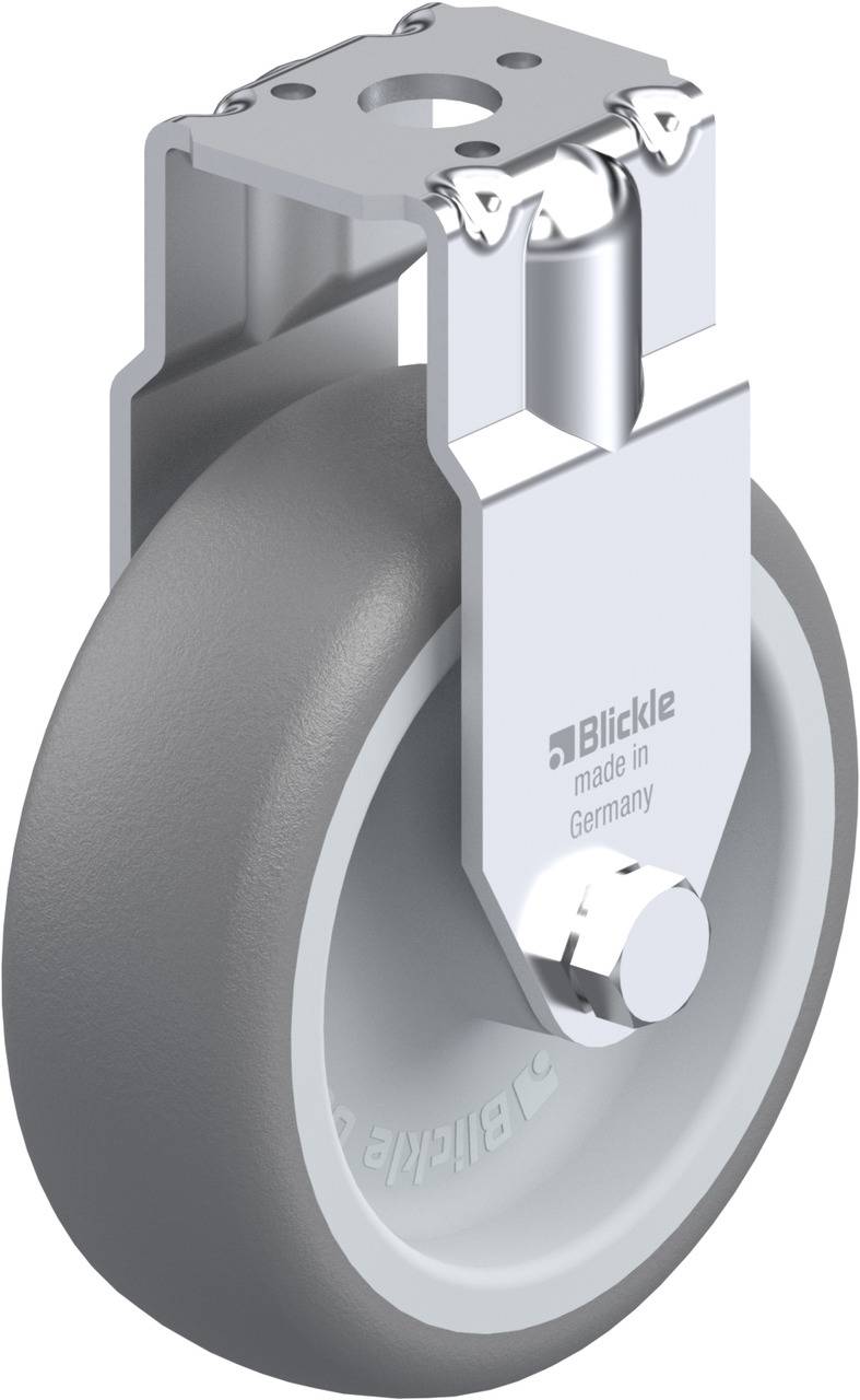 Industrielles Rad mit Halterung von 'Blickle', hergestellt in Deutschland. graues Rad mit silberner Metallhalterung.