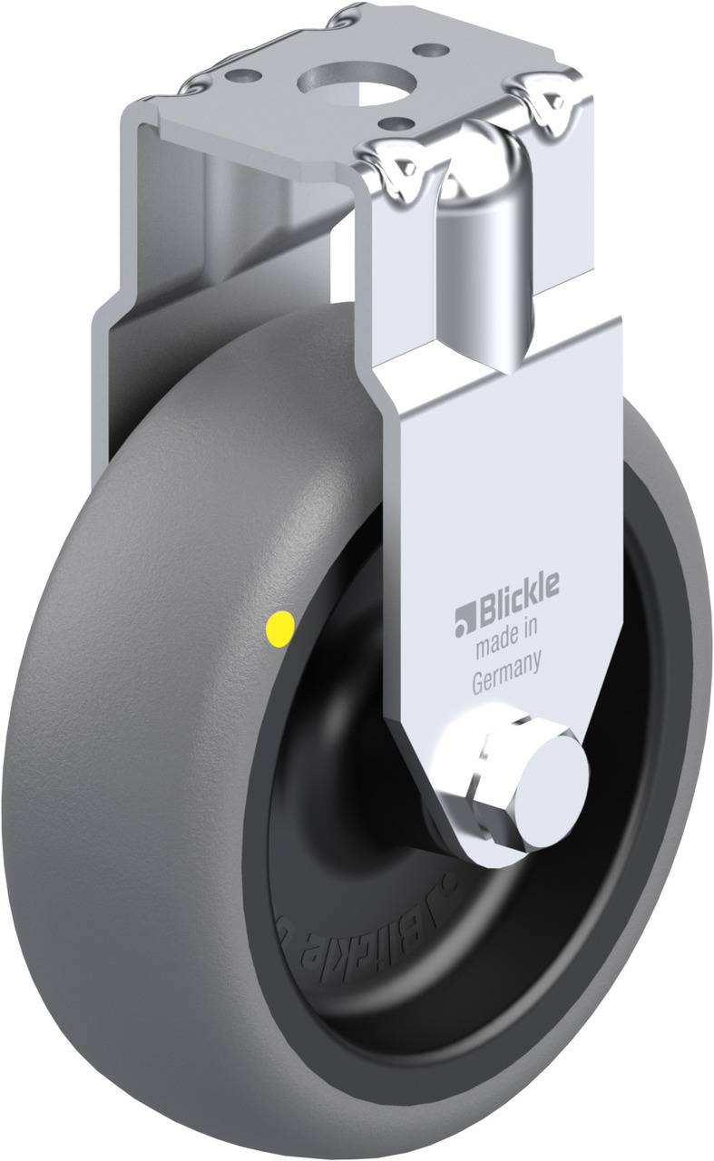 Industrie-Lenkrolle mit grauem Rad und silbernem Metallgehäuse, seitlich von oben betrachtet. Text auf dem Gehäuse: 'Blickle made in Germany'.