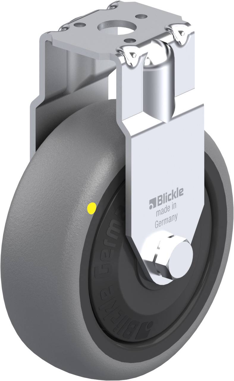Ein graues Schwenk-Rad mit Metallgehäuse von Blickle; 'made in Germany' steht darauf gedruckt, zeigt Industrieausführung.