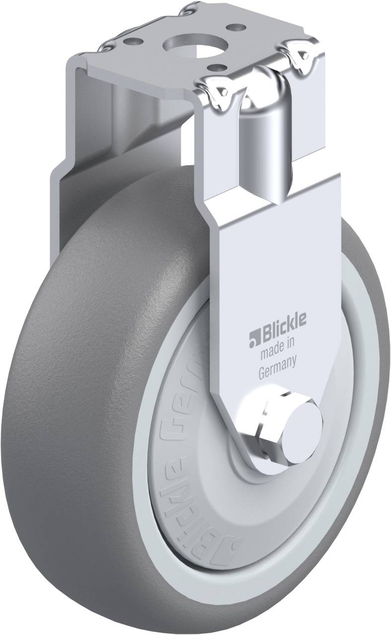 Industrie-Rolle mit Metallgehäuse und grauem Gummi-Rad, Marke 'Blickle', mit Aufschrift 'made in Germany'.