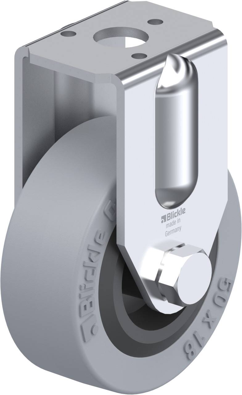 Industrie-Lenkrolle aus Metall mit grauem Gummirad, befestigt an einer Halterung. Geeignet für schwere Geräte und Maschinen.