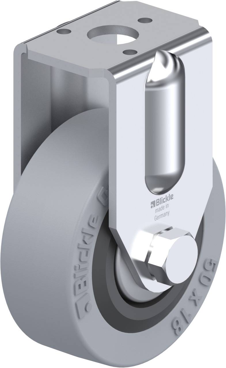 Grauer Lenkrollen-Beschlag mit grauem Rad, vermutlich für Industrie- oder Logistikanwendungen. Geeignet für tragende Strukturen.