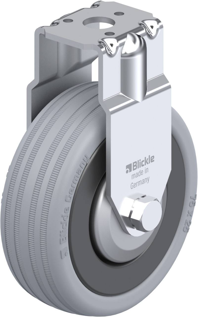 Ein graues Rad mit Metallhalterung, ideal für schwere Lasten. Aufschrift 'Blickle made in Germany'. Geeignet für industrielle Anwendungen.