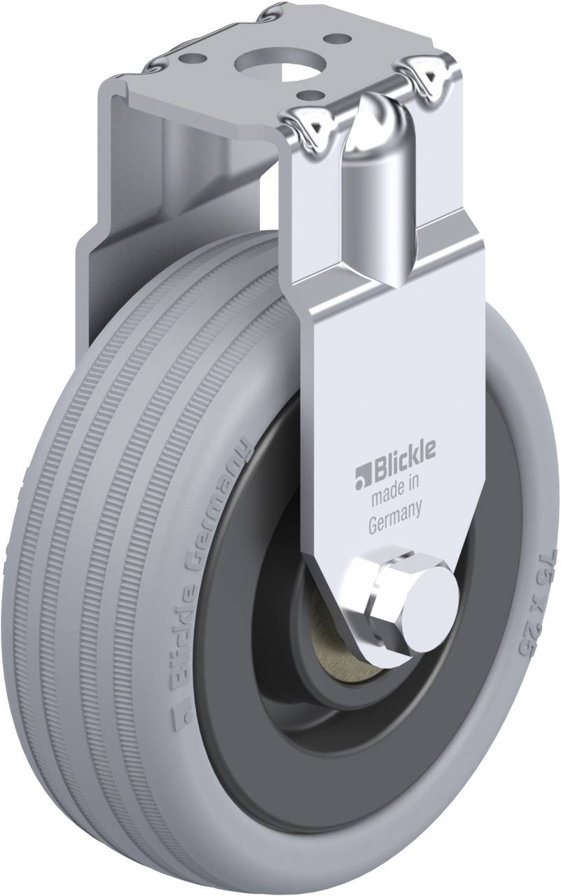 Schwenkrolle aus Metall mit grauem Rad und Trägerplatte. Aufschrift: 'Blickle, made in Germany'.