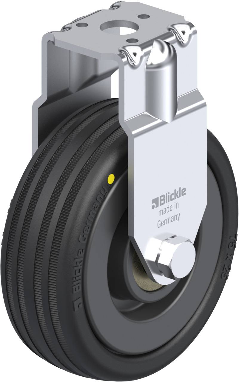 Schwarzes Rad mit grauem Metallgehäuse von 'Blickle made in Germany', geeignet für Möbel oder Geräten, stabil und rollbar.