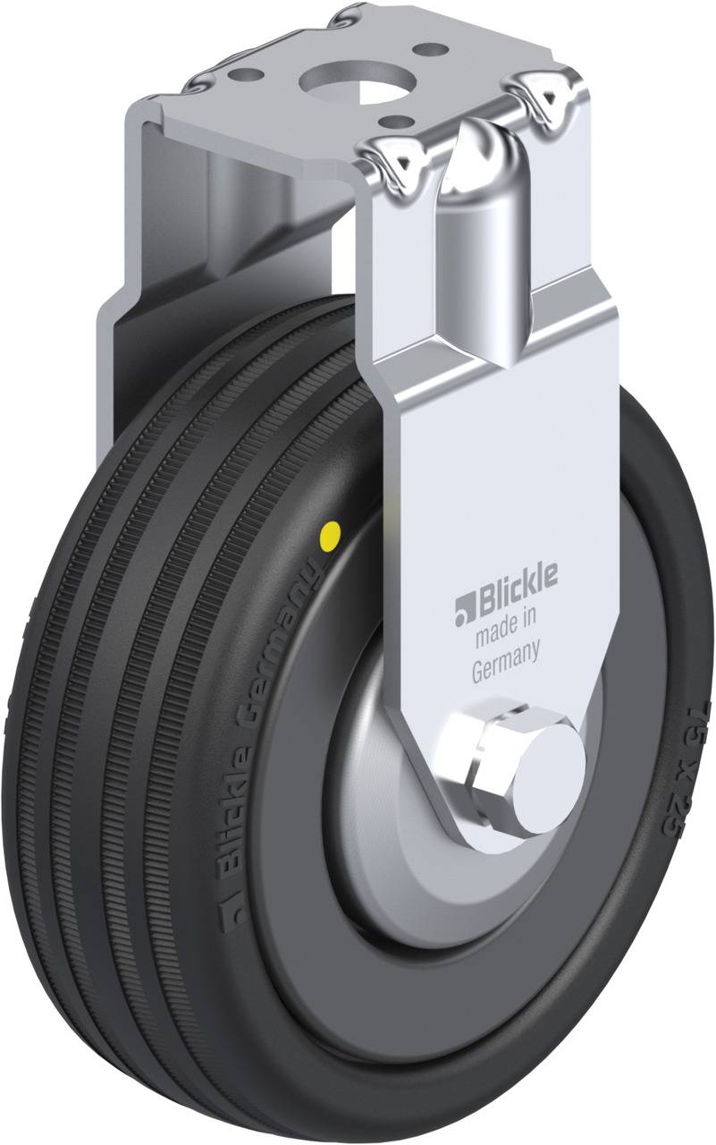 Schwenkrolle mit Gabel und Montageteil aus Metall, schwarzem Rad mit glatter Lauffläche; ideal für industrielle Anwendungen.