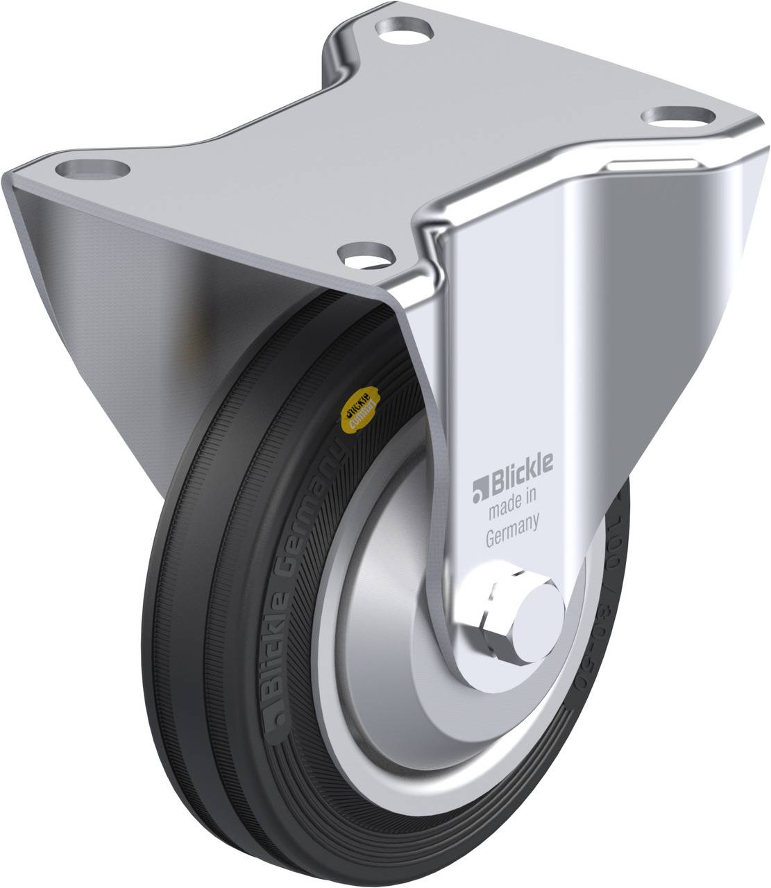 Rolle mit silbernem Metallgehäuse, schwarzem Rad und gelbem Logo, markiert mit 'Blickle made in Germany'.