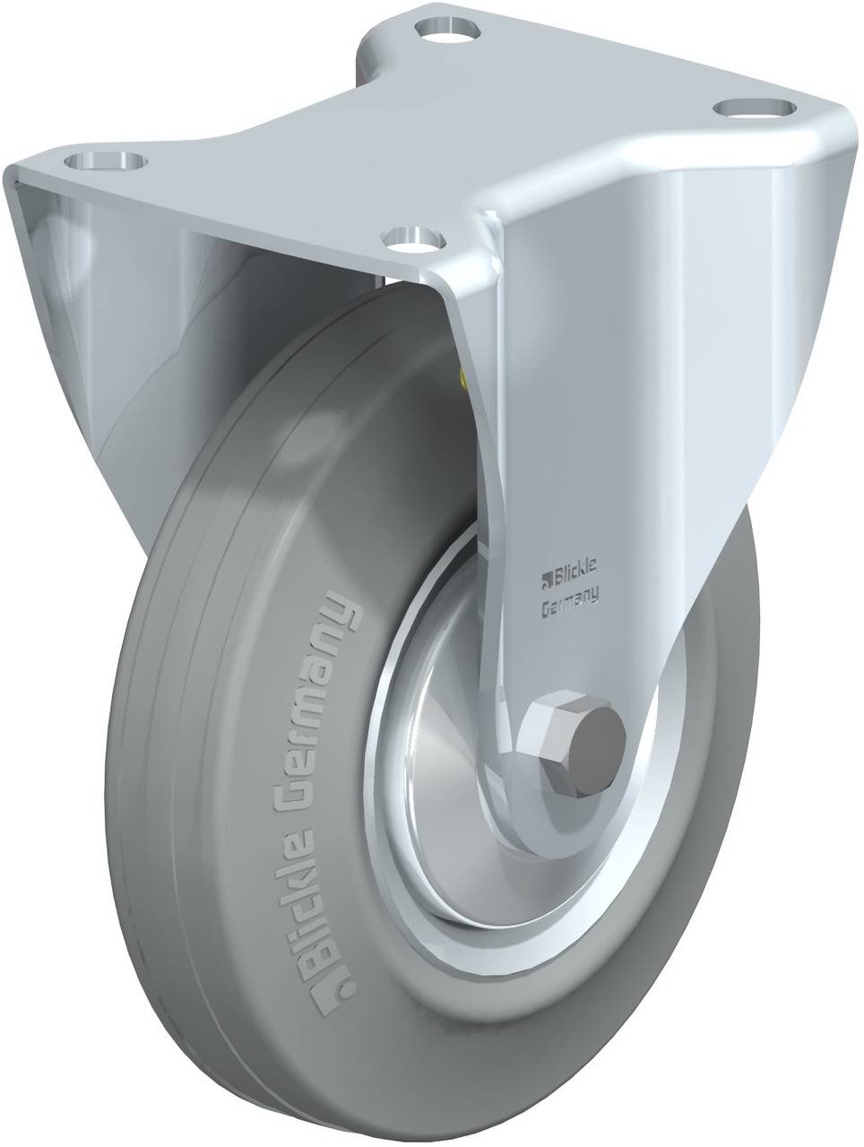 Industrie-Schwenkrolle mit grauem Rad und silbernem Halter, ideal zur Vermeidung von Spuren auf Böden. Geeignet für schwere Lasten.