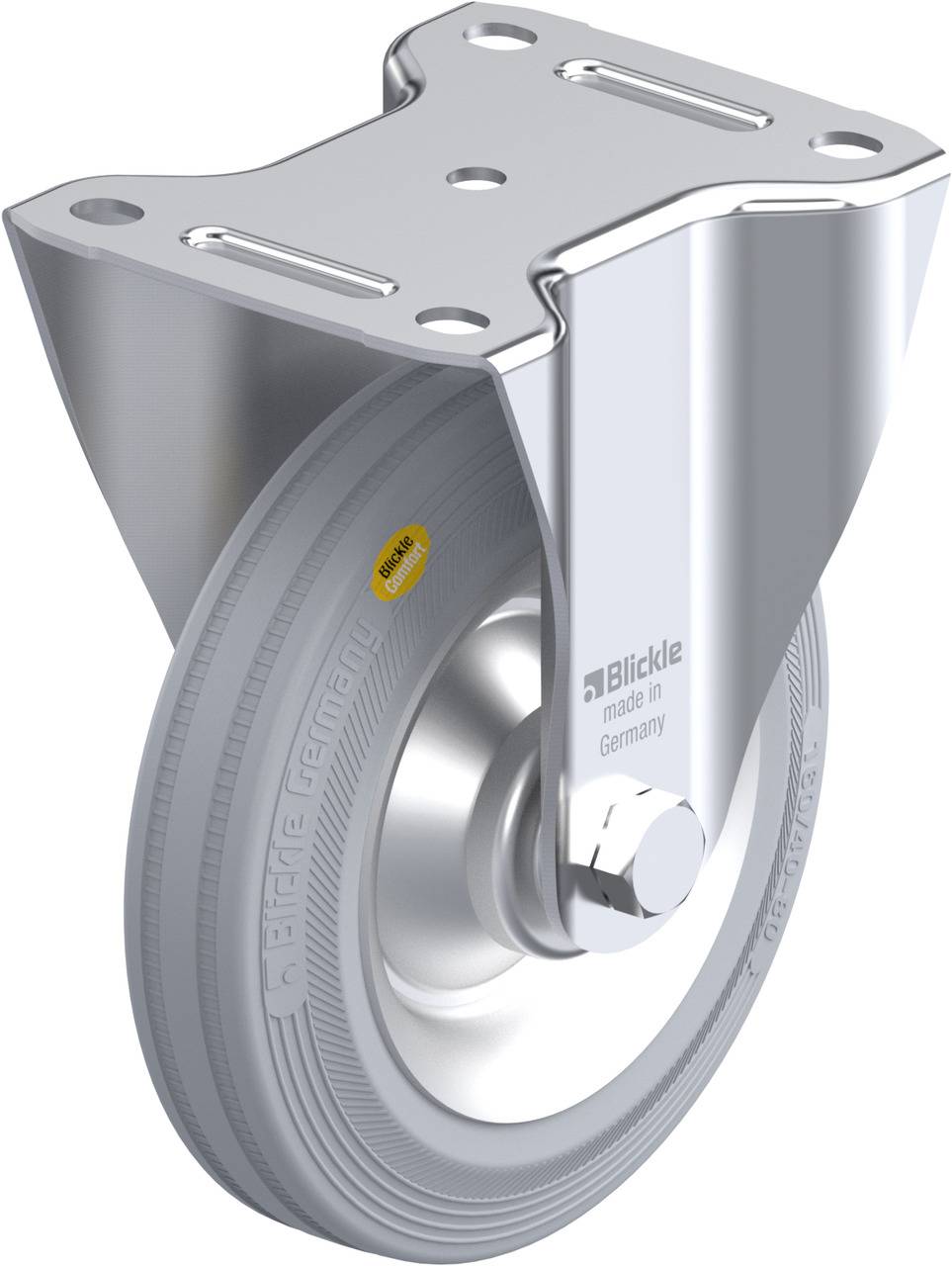 Grau-silbernes Rad mit Metallschutz und Halterung, Aufschrift 'Blickle made in Germany'. Einsatz für Transportgeräte.