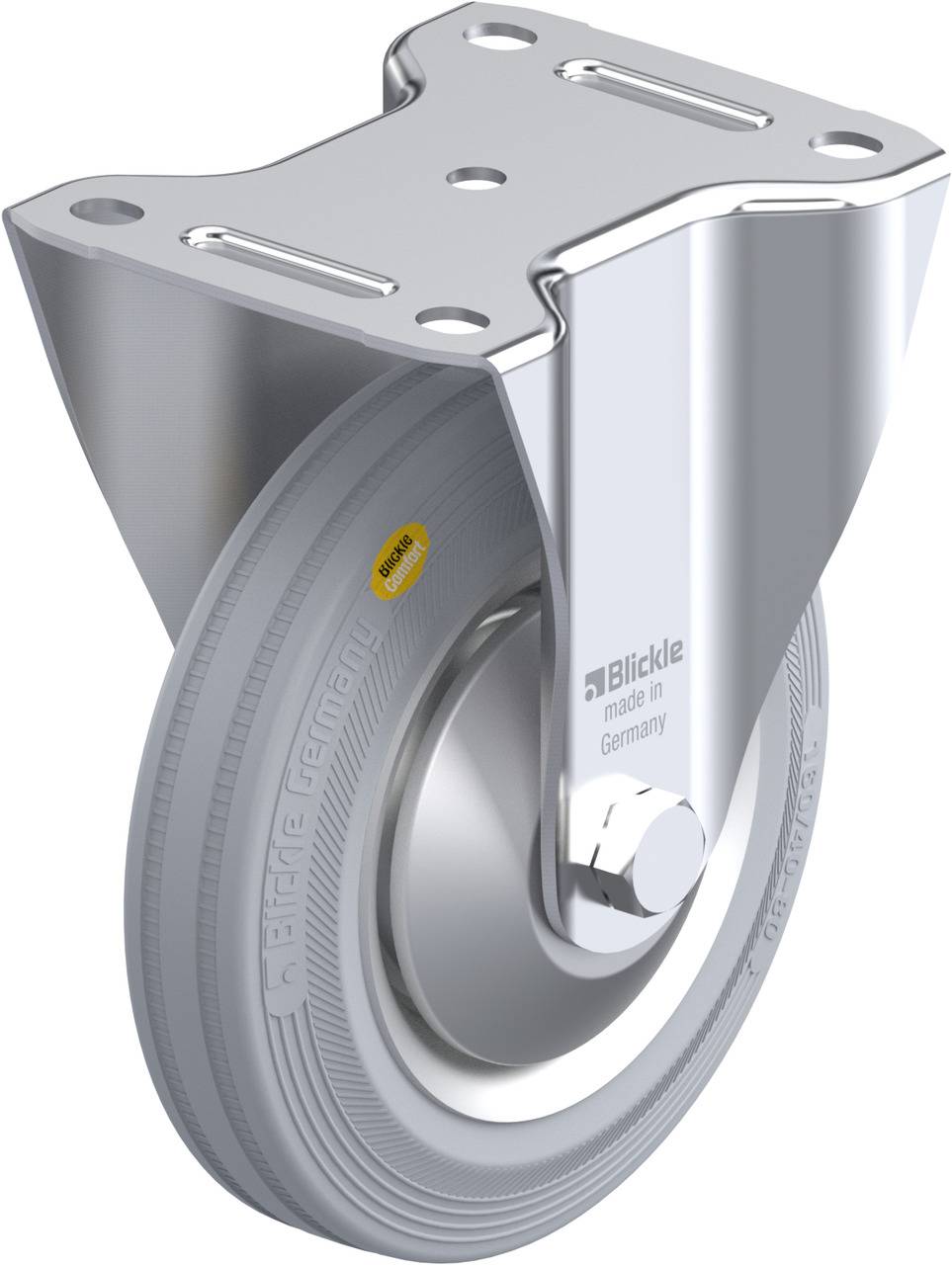 Metall-Rad mit Halterung aus Chrom, seitlich angebracht. Rad mit gravierter Aufschrift 'Blickle Made in Germany'.
