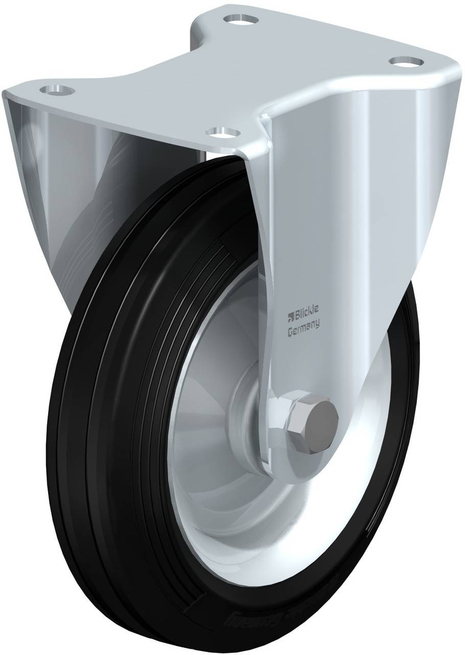 Ein silbernes Gehäuse mit einem schwarzen Rad; typisches Design für ein drehbares Möbel- oder Geräte-Lenkrollenrad.