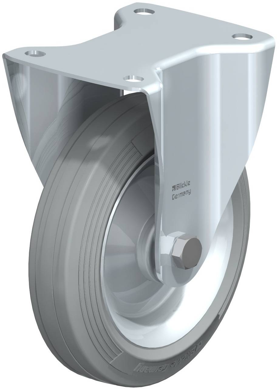 Schwenkrolle aus Metall mit grauem Gummirad und Befestigungsplatte. Geeignet für Industrieanwendungen.