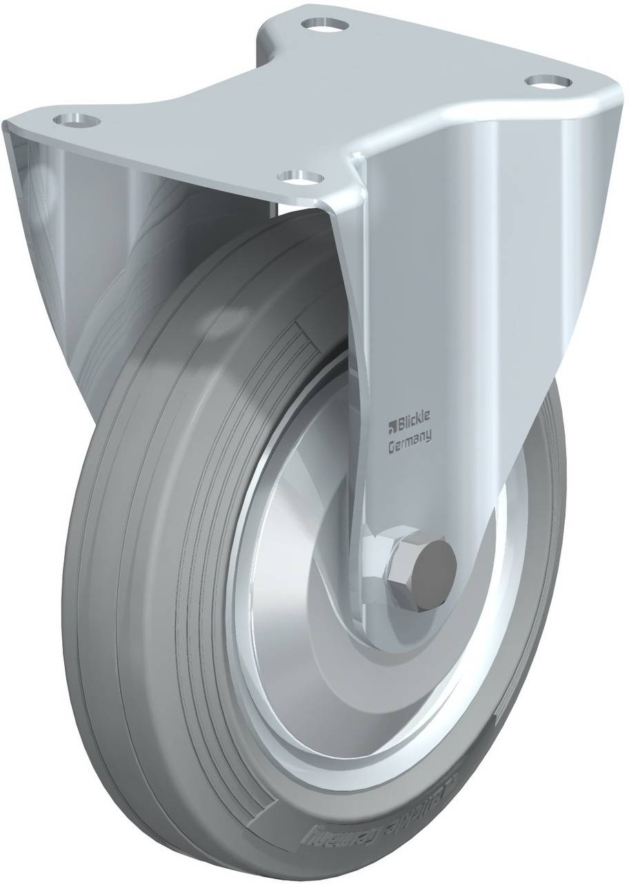 Ein silbernes, drehbares Rad mit Halterung, ähnlich einem Möbel- oder Industrielenkrollenkonzept.