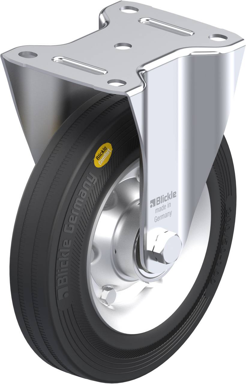 Industrie-Schwerlastrolle mit grauem Metallgehäuse und schwarzem Gummireifen, hergestellt in Deutschland. Text: 'Blickle made in Germany'.
