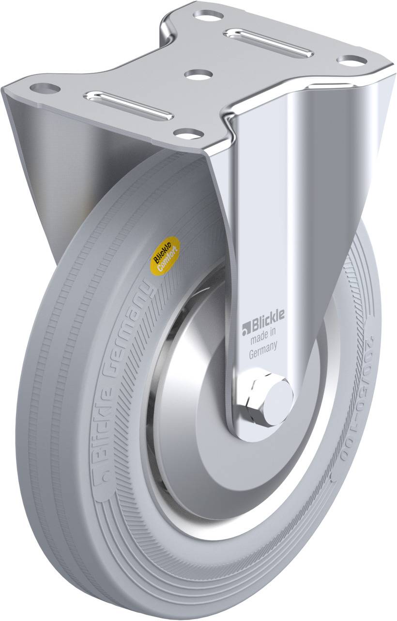 Schwenkrolle aus Metall und Gummi mit Befestigungsplatte. Beschriftung 'Blickle, made in Germany' und 'PAKREI 3. 120kg'.