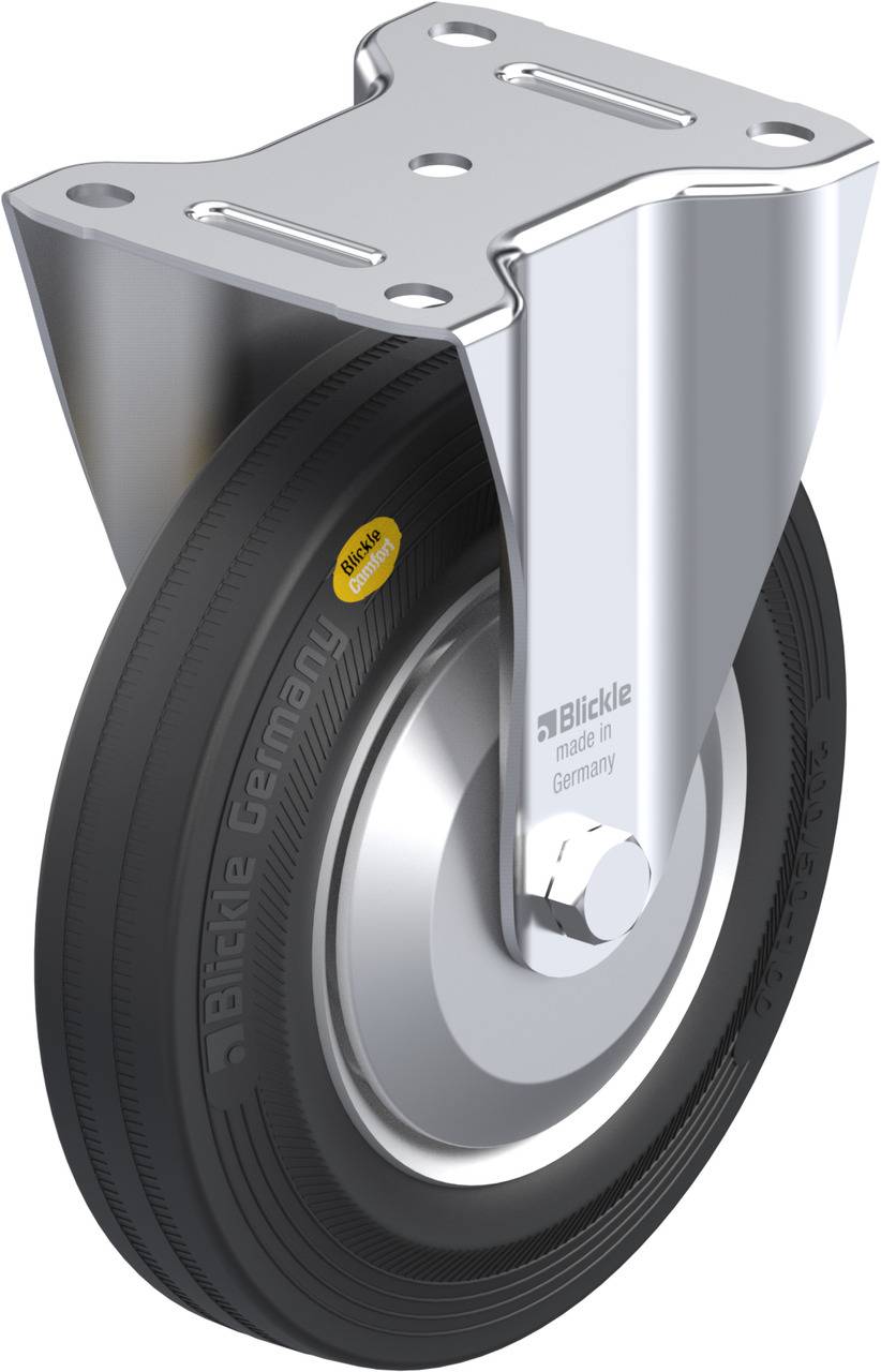 Ein schwarze Radkappe mit grauer Befestigung zeigt die Aufschrift 'Blickle made in Germany' und das gelbe Logo 'Blickle'.