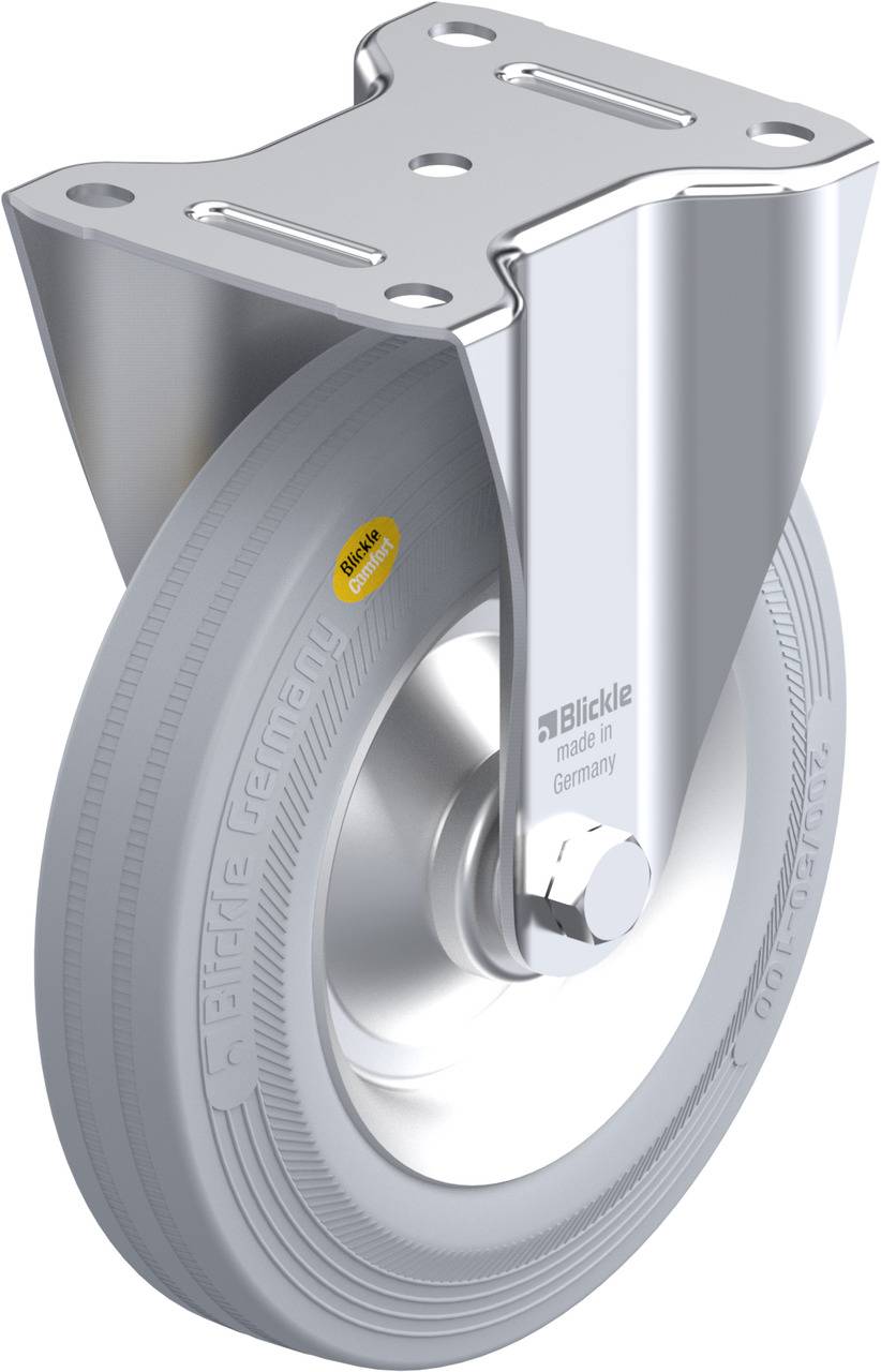 Industrien Caster mit grauer Gummirolle und silbernem Metallgehäuse, beschriftet mit 'Blickle - Made in Germany'.