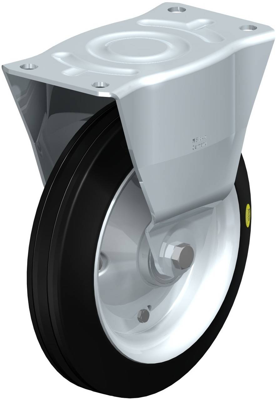 Schwenkrolle mit schwarzem Reifen und grauem Gehäuse, geeignet für schwere Lasten. Ideal für industrielle Anwendungen und Wagen.