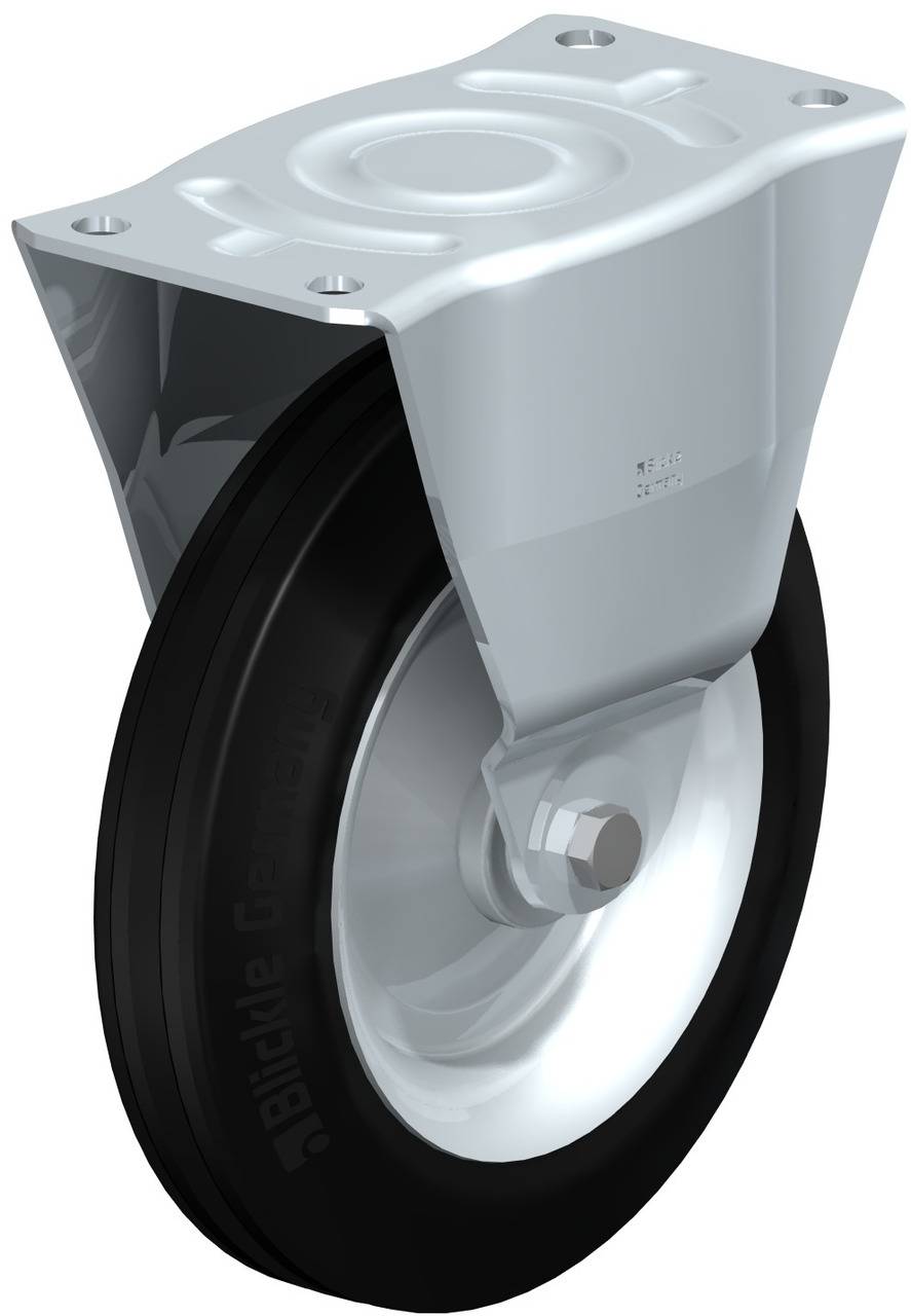 Metallgehäuse mit festem schwarzen Rad, geeignet für den industriellen Einsatz. Ideal für die Montage an schweren Geräten oder Möbeln.