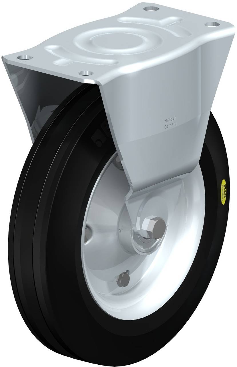 Industrie-Rad mit schwarzem Gummireifen und silbernem Metallgehäuse. Verwendet für Schwerlastanwendungen in verschiedensten Geräten.