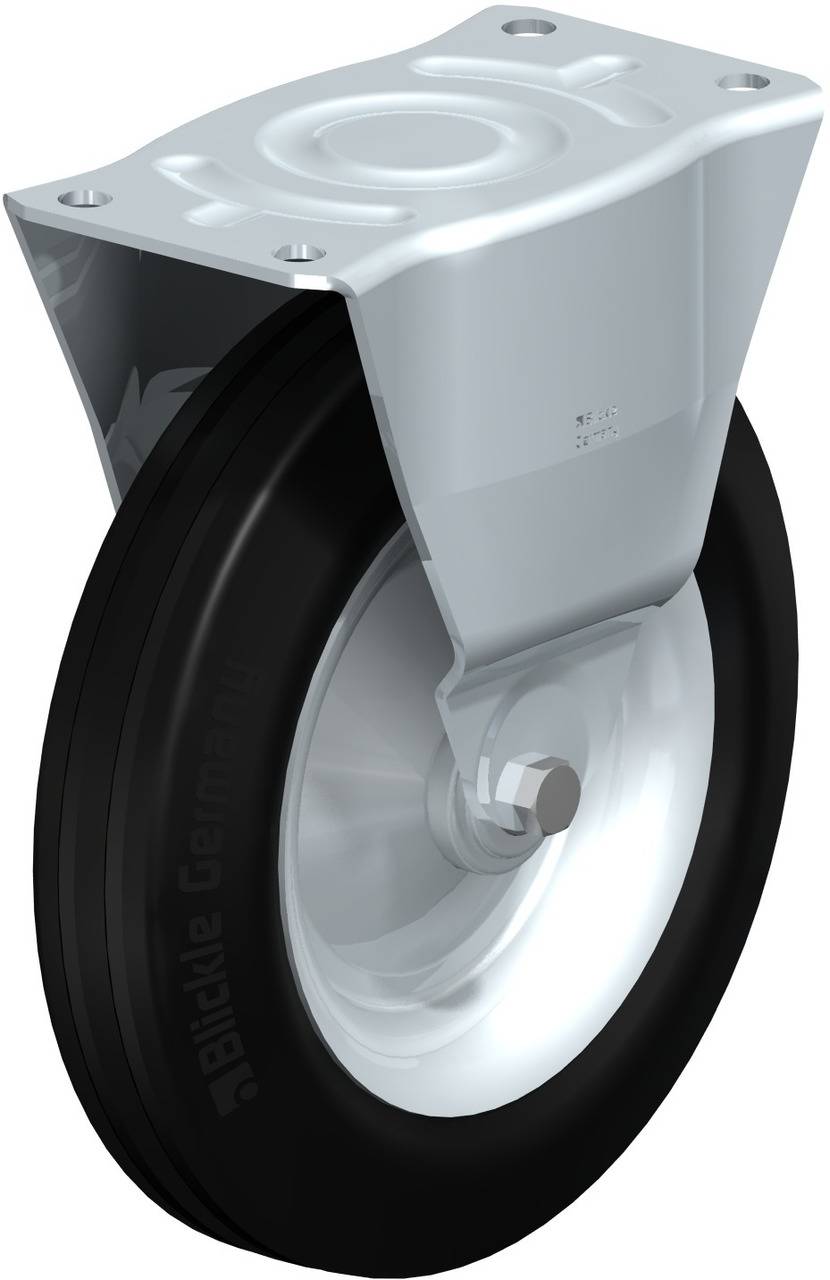 Industrie-Schwenkrolle mit schwarzem Gummirad und weißer Metallhalterung, geeignet für Möbel oder schwere Geräte.