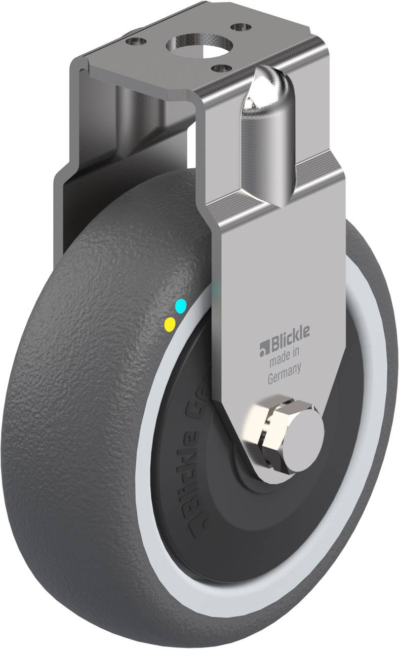 Schwenkrolle mit grauem elastischem Rad und Metallhalterung, geeignet für Anwendungen mit mittlerer Belastung. Markierung 'Blickle made in Germany'.