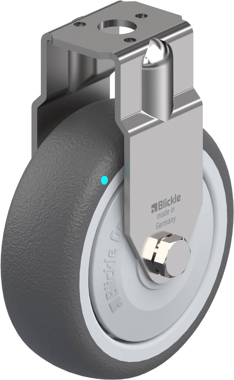Industrie-Rolle mit Metallhalterung und grauem Rad, hergestellt in Deutschland, von der Marke Blickle, geeignet für schwere Lasten.