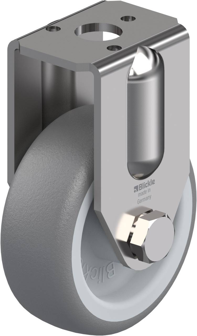 Ein Schwenkrollenrad aus Metall, mit grauer Gummilauffläche, geeignet für Schwerlastanwendungen, zeigt Haltbarkeit und Stabilität.