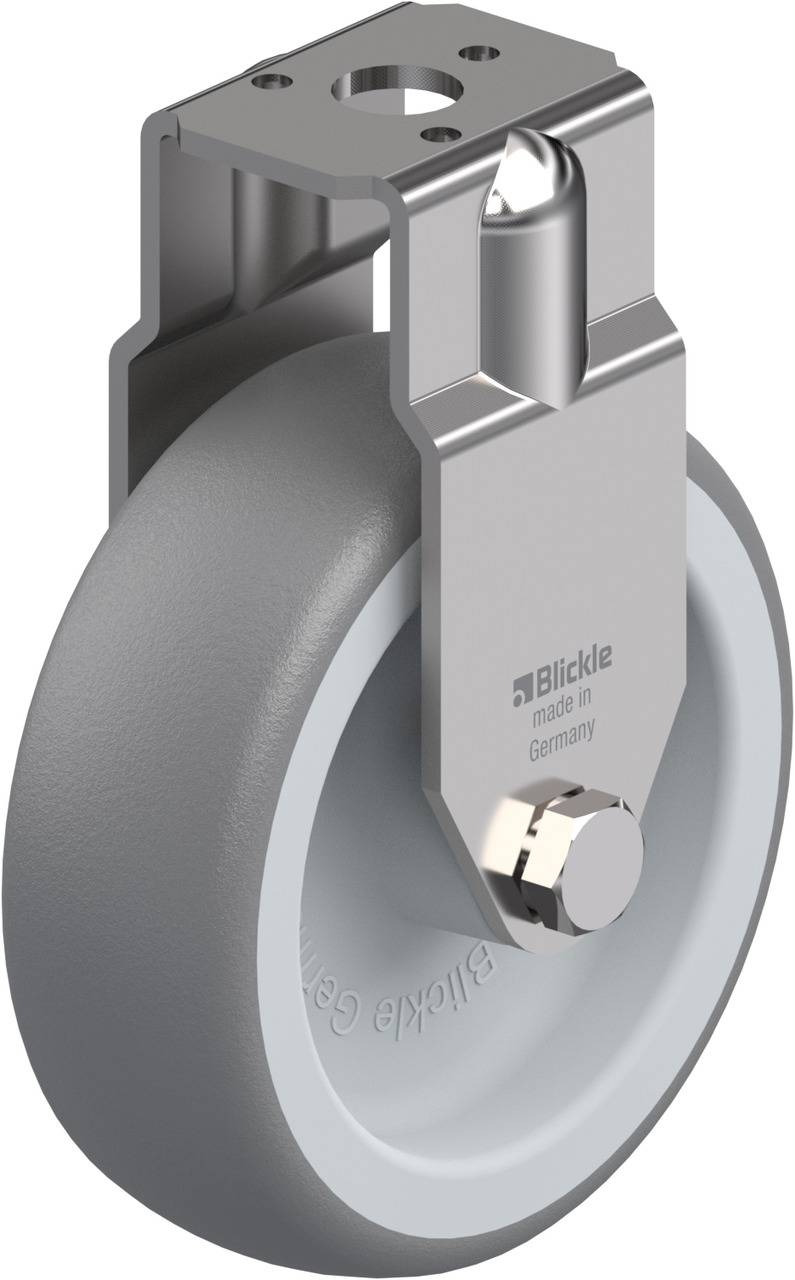 Graues Rad mit Metallhalterung von Blickle, Aufschrift 'Blickle made in Germany'.