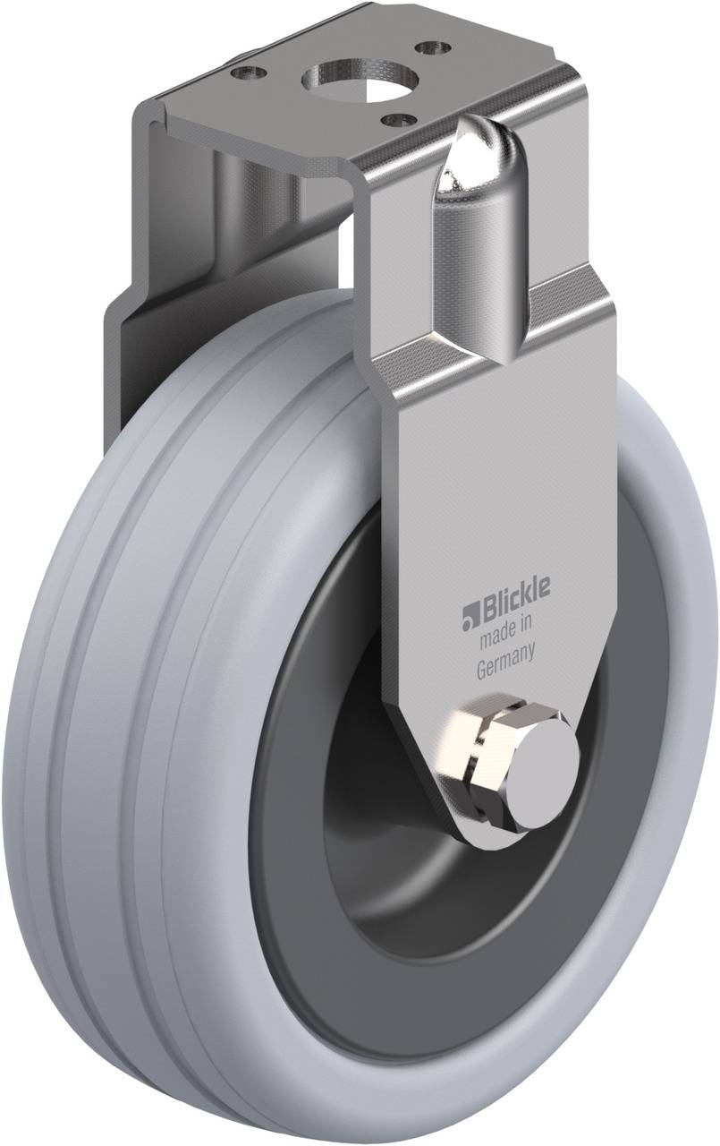 Ein einzelnes graues Rad mit Metallhalterung. Auf der Halterung steht 'Blickle made in Germany'. Geeignet für industrielle Anwendungen.