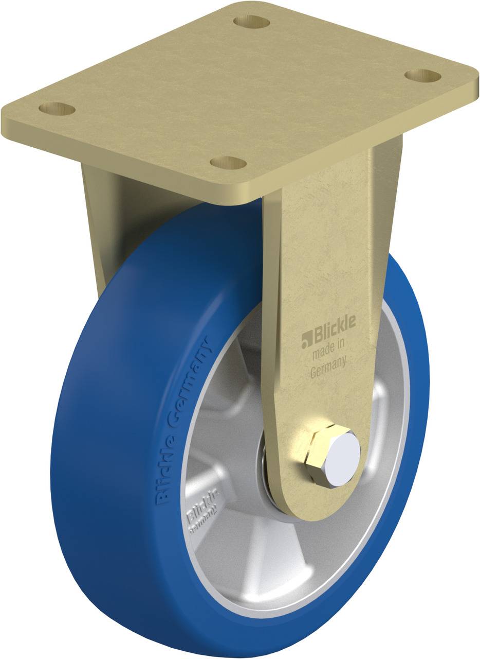 Ein blauer Rollwagenrad mit einer Metallhalterung und Aufschrift 'Blickle, made in Germany'.