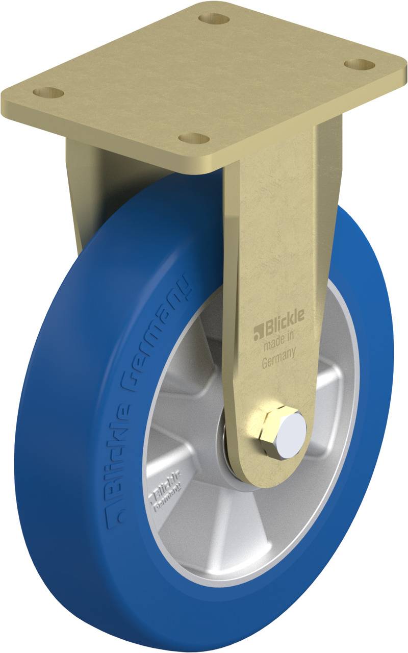 Schwenkrolle mit blauem Rad und Metallhalterung, geeignet für industrielle Anwendungen.